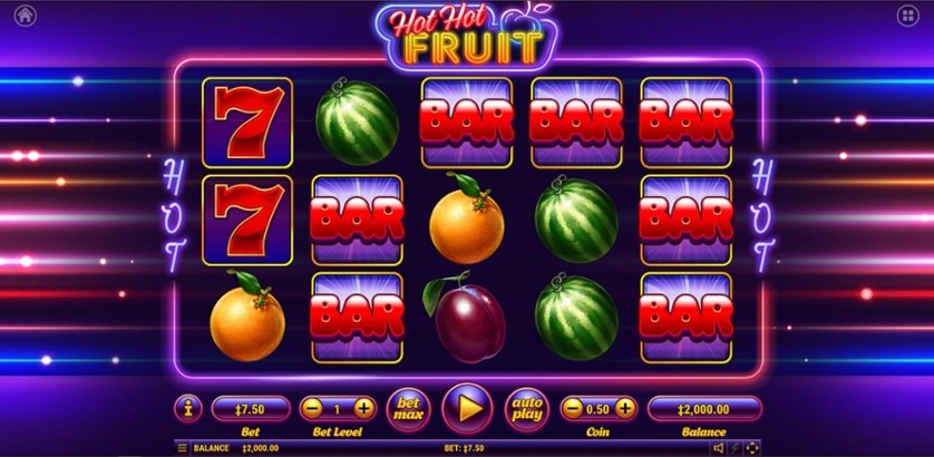 Hot Hot Fruit slot by Habanero — neon reels with fruit, BAR and lucky 7 symbols